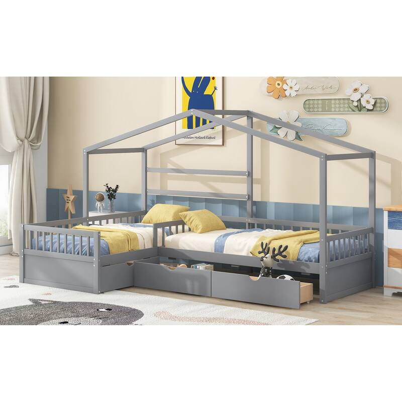Twin Size House Platform Bed with Three Storage Drawers