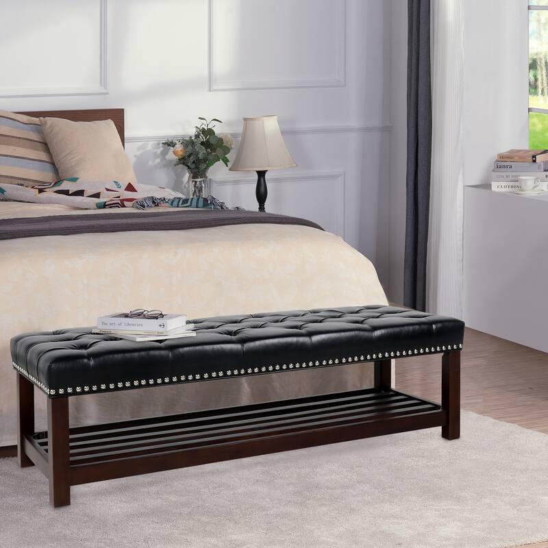 Wooden Base Upholstered Bench with Nails