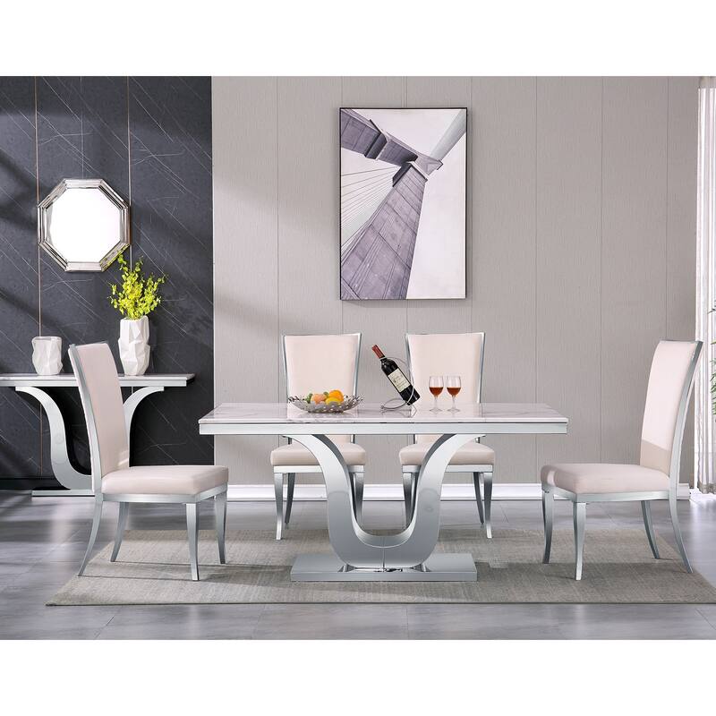 Upholstered dining chair with Hand-stitched diamond backrest and polished stainless steel legs