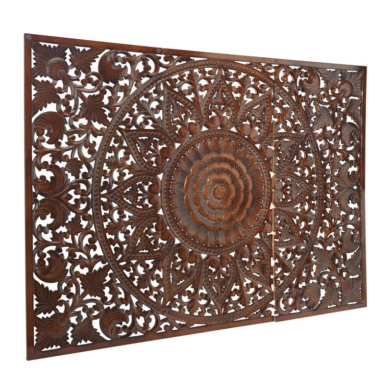 Wooden Handmade Intricately Carved Floral Wall Decor with Mandala Design (Set of 3) - Brown or White