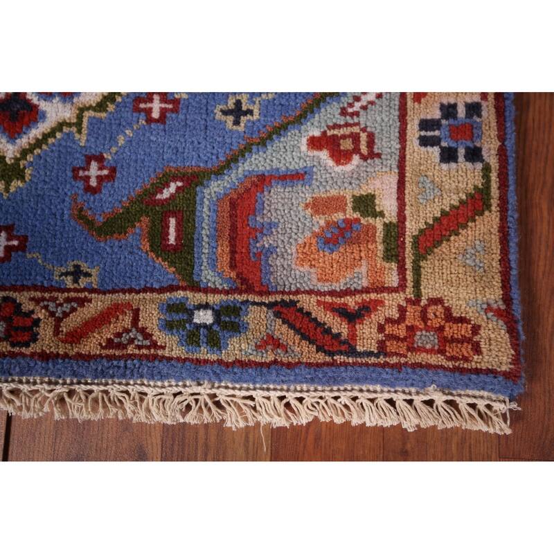 Geometric Blue Kazak Oriental Runner Rug Hand-Knotted Wool Carpet - 2'7"x 8'0"