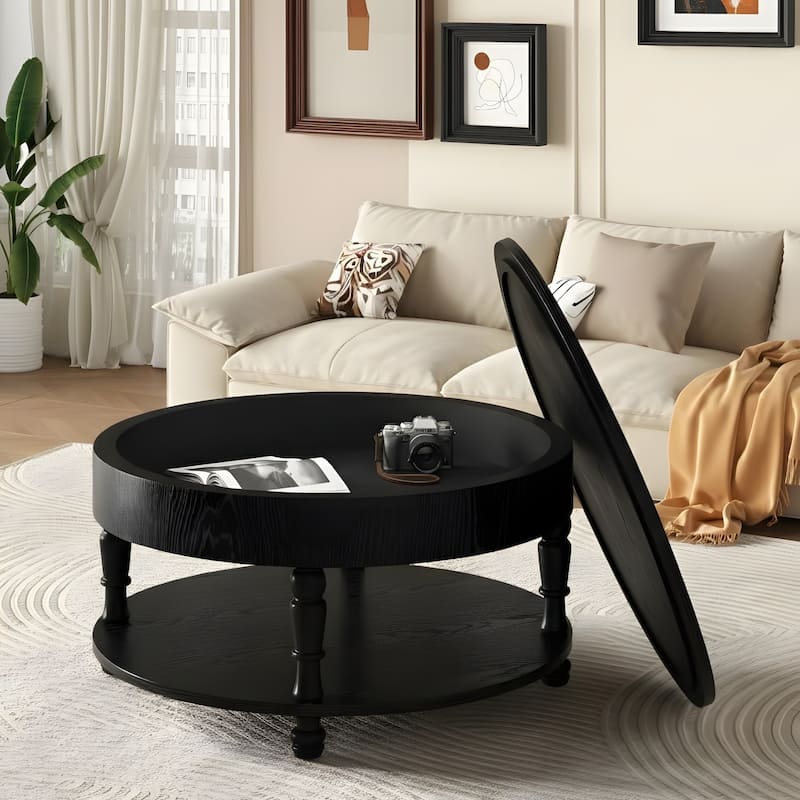 31.5" Modern Round Flip-top Coffee Table with Hidden Compartment - Black
