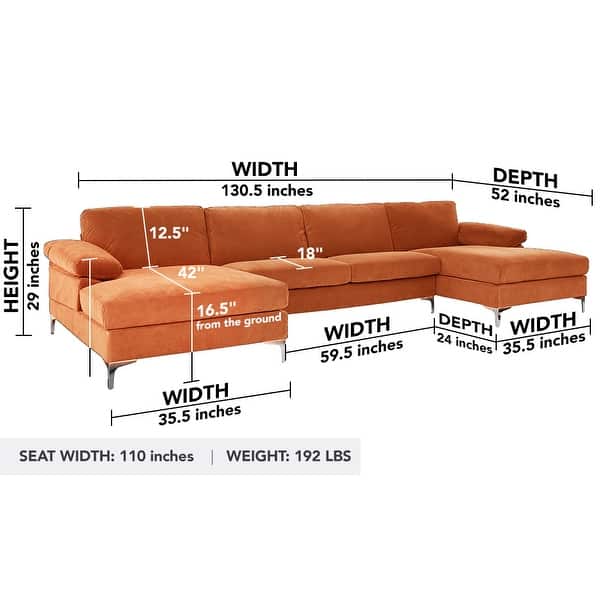 dimension image slide 2 of 12, Modern XL Velvet Upholstery U-shaped Sectional Sofa