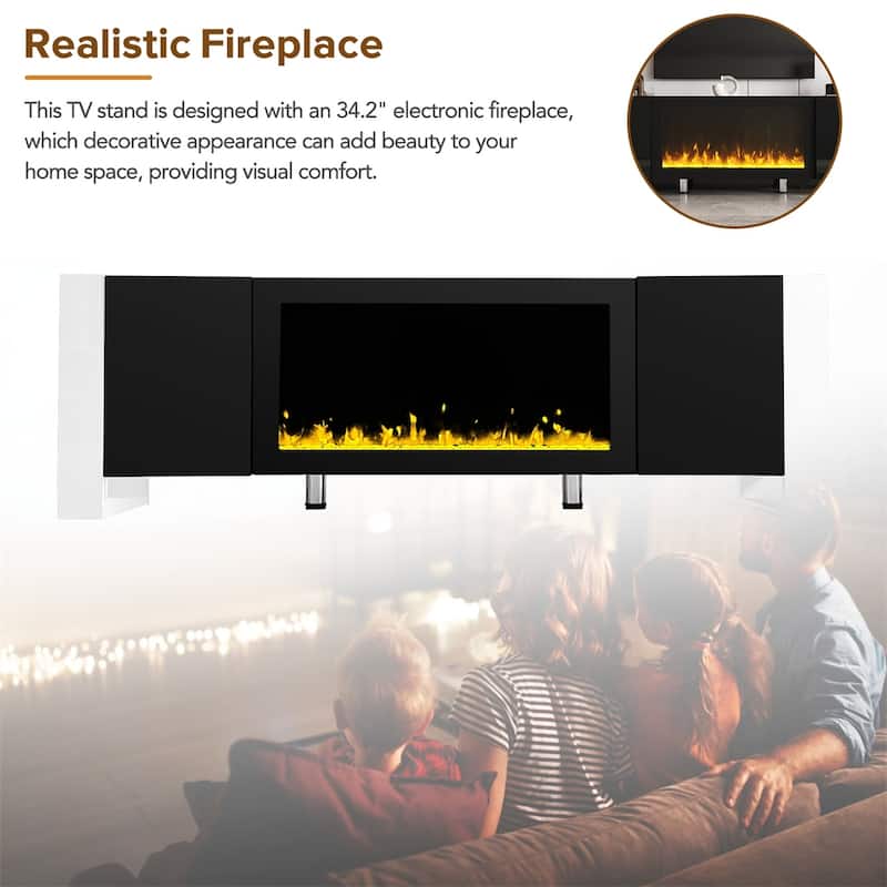 Modern TV Stand with 34.2" Non-heating Electric Fireplace and Cabinets
