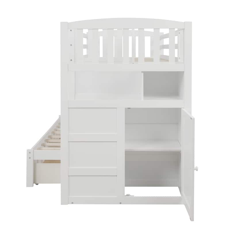 Twin over Full Bunk Bed with Storage Shelves and Bed Storage Drawers, Wooden Convertible Bed Frame, No Spring Box Needed