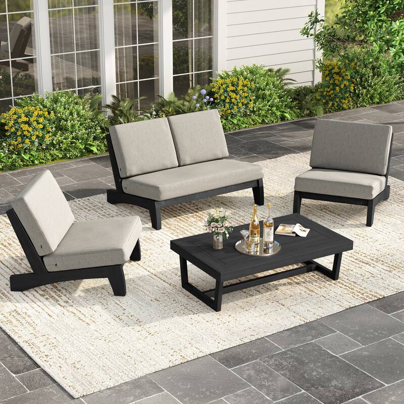 4Piece Wood Outdoor Loveseat Chair Conversation Set with Table Cushion - Dark Wood - Light Camel