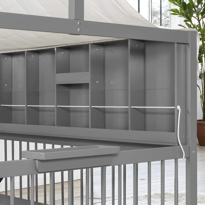 Full Size Kids House Bed with 2 Storage Drawers, Side Bookshelf with LED Strip, Guardrails and Charging Station