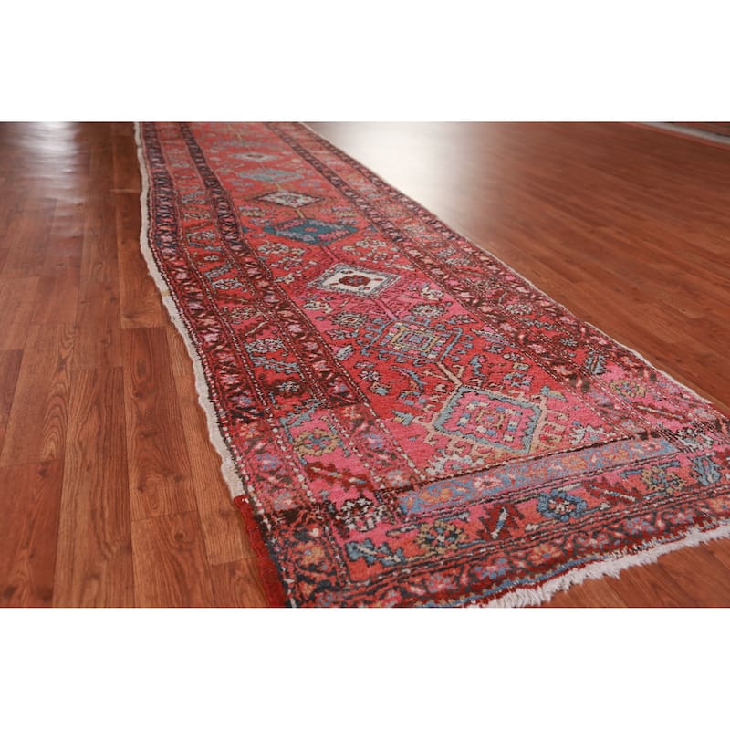 Hand Knotted Oriental 100% Wool Carpet Traditional Geometric Red Heriz (serapi) Runner Rug - 12' 1'' X 3' 0''