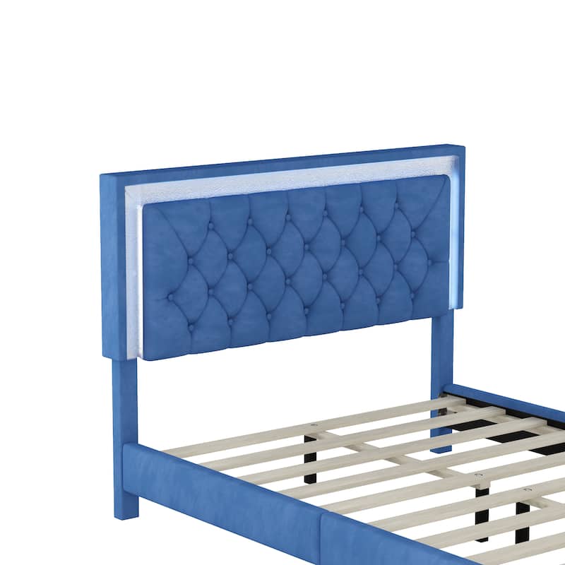 Velvet Platform Bed with Tufted Headboard and LED Lights