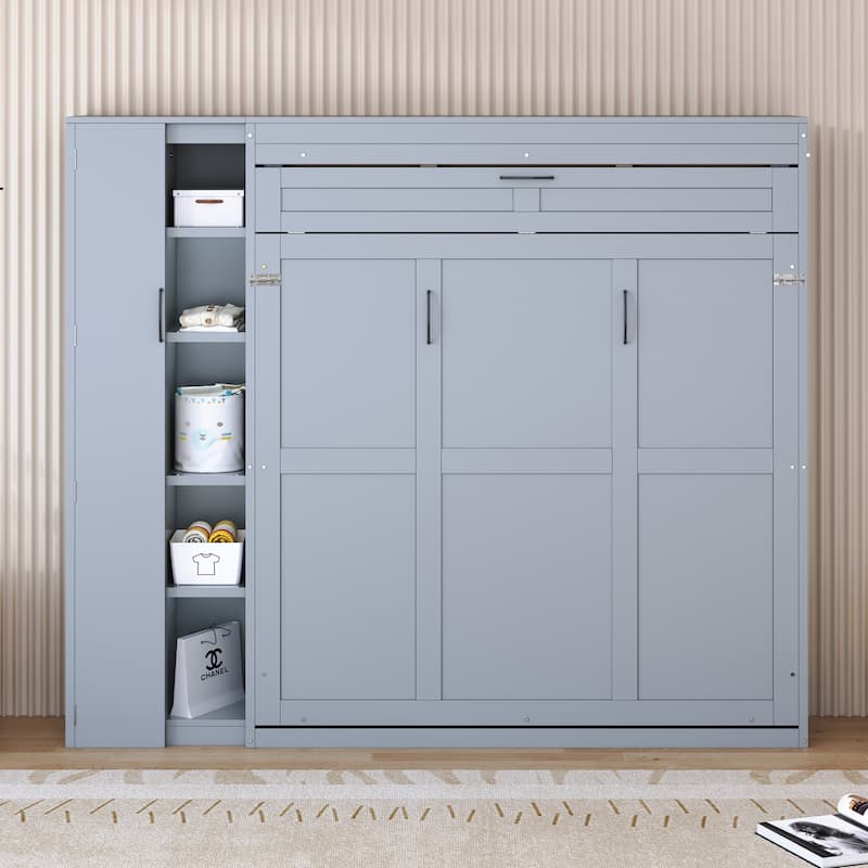 Roomfitters Full/Queen Size Murphy Bed Wall Bed with Shelves, Wardrobe and LED Lights - Gray - Queen