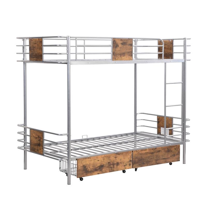 Industrial Twin XL Metal Bunk Bed with 2 Drawers and MDF Board Guardrails, Sturdy Frame with Ladder