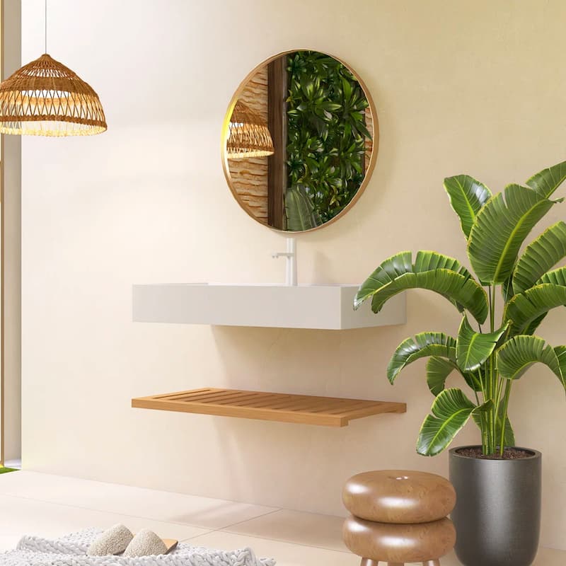 Wall-Mounted Bathroom Vanity in Natural Wood with White Integrated Acrylic Sink