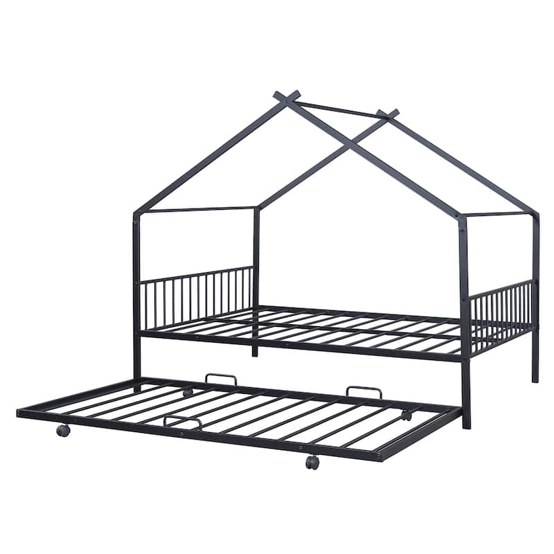 Full Size Metal House Bed with Twin Size Trundle