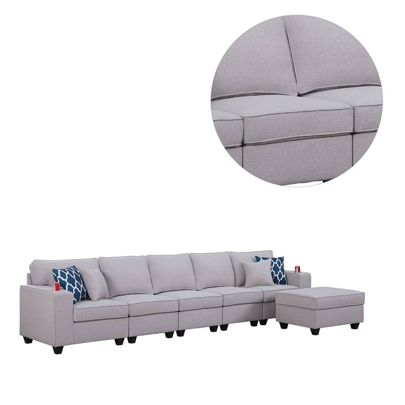 Linen Upholstered 5-Seater Sofa with Ottoman in Light Gray