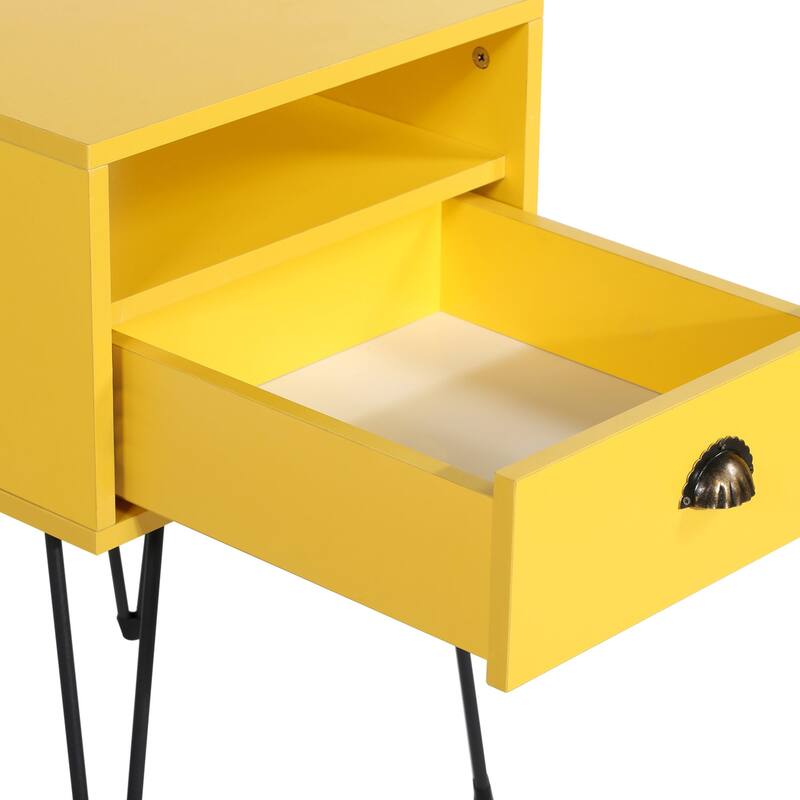 VECELO Mid Century Modern Nightstand with Drawer Open Shelf V-Shaped Metal Legs End Table for Bedroom Living Room