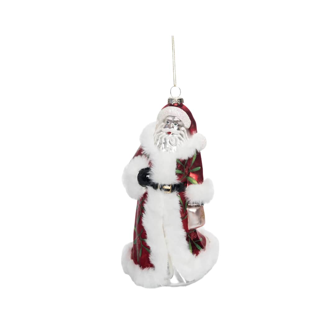 Transpac Glass 8.2 in. Holiday Santa Ornament with Faux Fur Detail