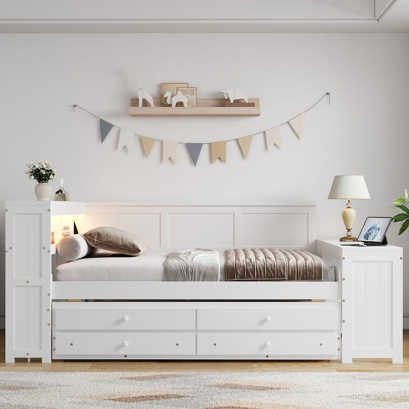 Full Size Daybed with Storage Shelves, Trundle, Charging Station, Desk, and LED Light