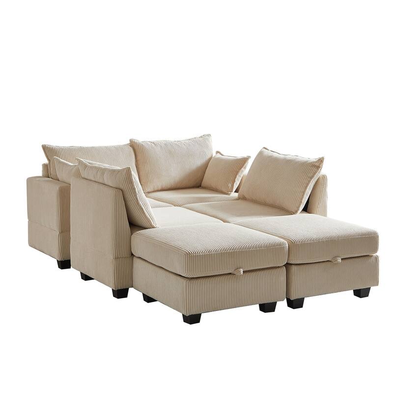 113.5" Corduroy U-Shaped Sectional Sofa with Storage Ottoman, 6-Seat Modular Design and Convertible Chaise
