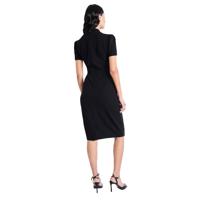 Mock Neck Short Sleeve Sheath Dress With Tie Neck Detail And Back Zipper