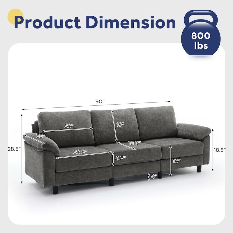 90" Chenille Upholstered 3-Seater Sofa Couch Sectional Sofa with Pillow Top Arms