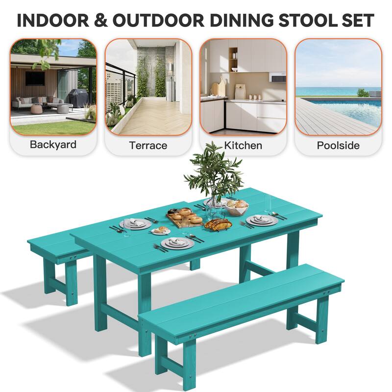 3-Piece HDPE Outdoor Dining Set with Umbrella Hole Table and Two 2-Person Benches