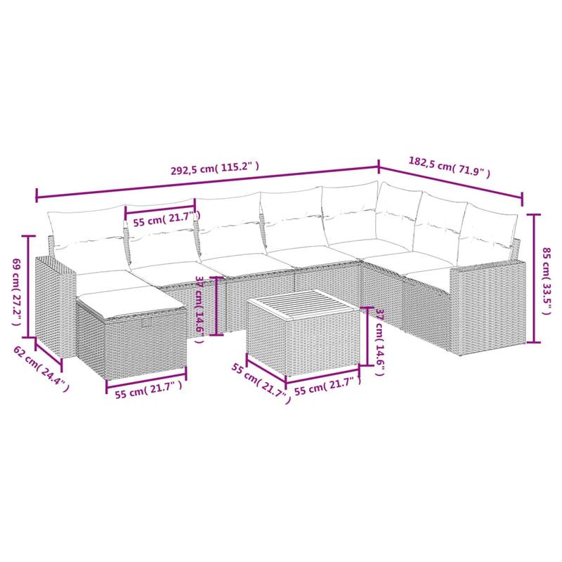 vidaXL Patio Sofa Set with Cushions Outdoor Furniture 9 Piece Poly Rattan - 24.4" x 24.4" x 27.2"