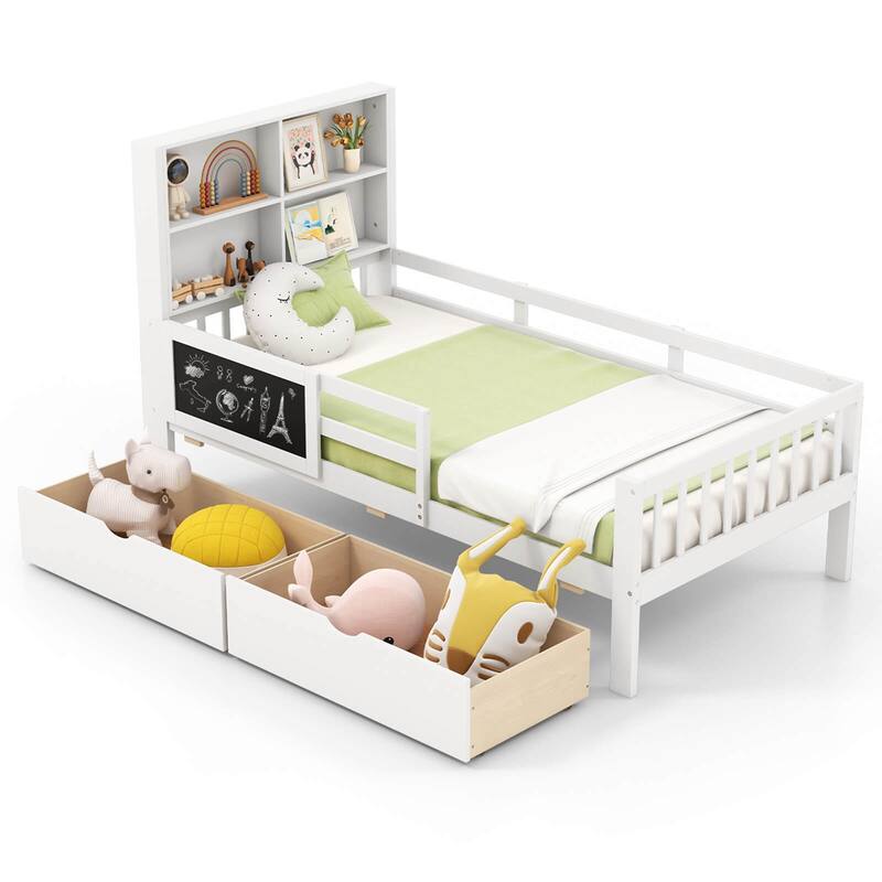 Costway Twin/Full Size Bed Frame with 2 Drawers Bookcase & Blackboard