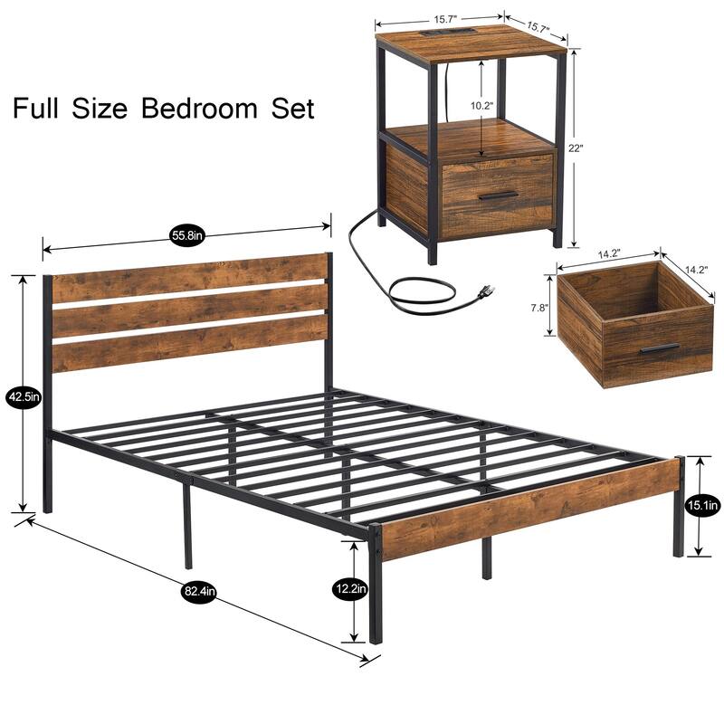 Javlergo 3-pieces Bedroom Set Queen Size Bed and 2 Nightstands with Charging Station USB Port