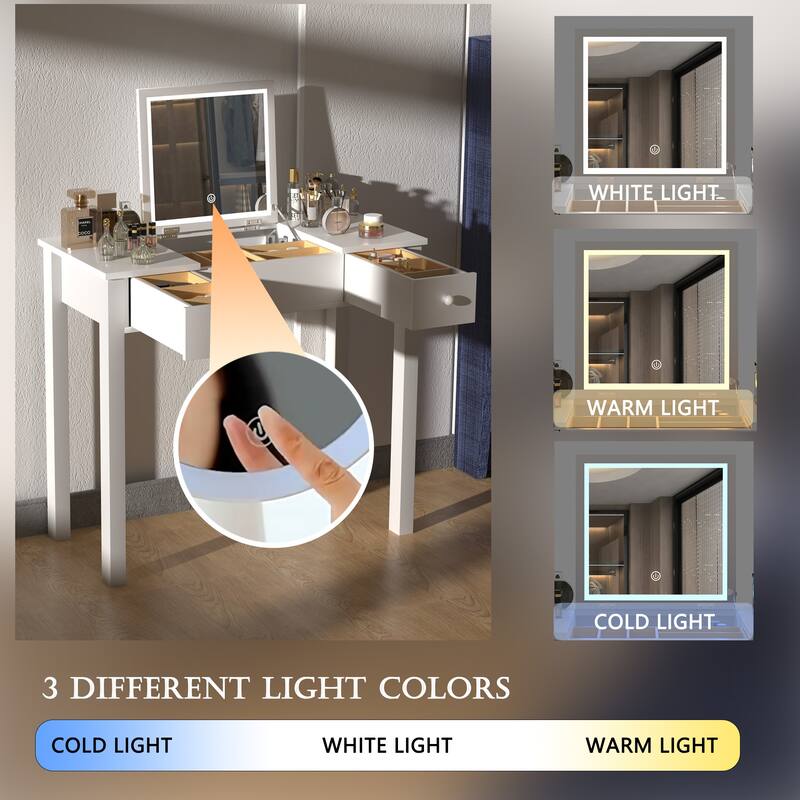 Modern LED Lighted Vanity Table with Flip-Top Mirror and 2 Drawers