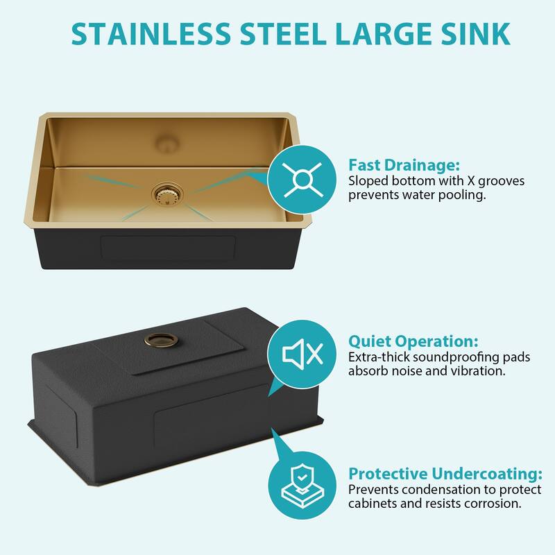 32" Undermount 16 Gauge Single Bowl Stainless Steel Kitchen Sink in Gold - 32'' x 19'' x 10''