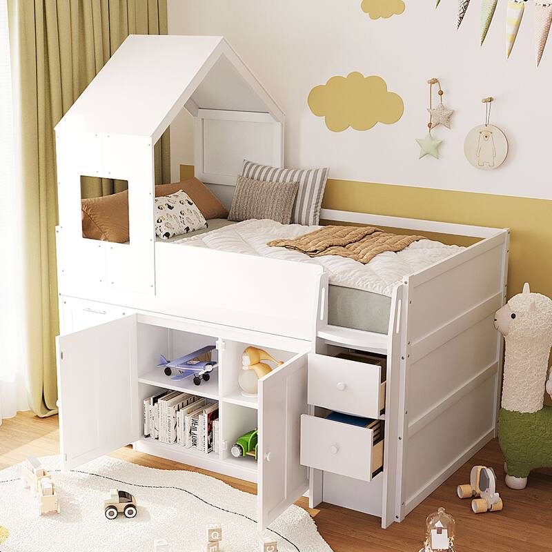 Twin Wood Loft Bed with Desk, Drawers & Cabinets, Space-Saving Design
