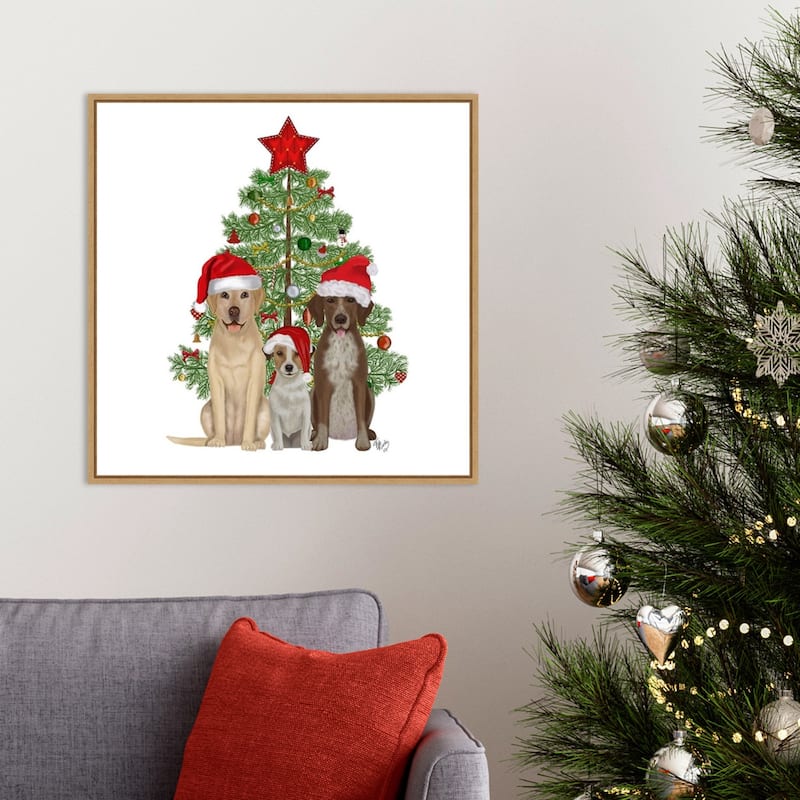 Christmas Dog Trio Tree by Fab Funky Framed Canvas Wall Art