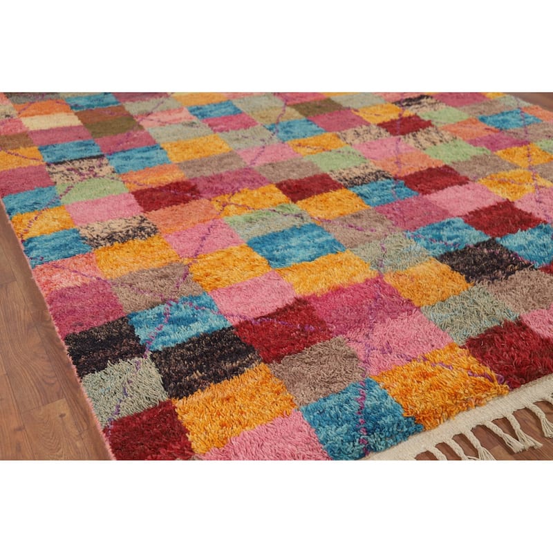 Checkered Plush Moroccan Oriental Area Rug Handmade Wool Carpet - 6'6" x 10'9"