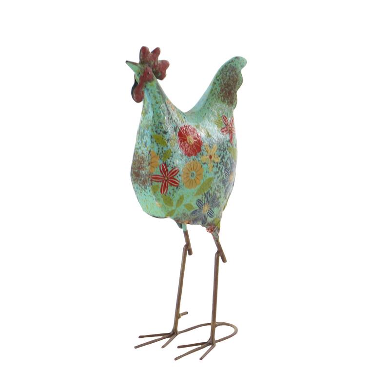 Green or Cream Metal Indoor Outdoor Distressed Standing Rooster Garden Sculpture with U Shaped Feet