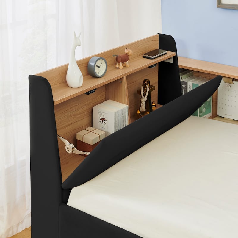 Multi-functional Velvet Daybed with Storage, LED Lights, and Wireless Charging, Twin Size