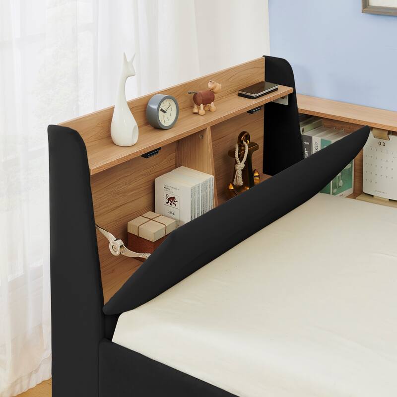 Twin Size Velvet Daybed with Wireless Charging, Button Tufted Headboard with Storage, LED Platform Sofa Bed with 2 Drawers