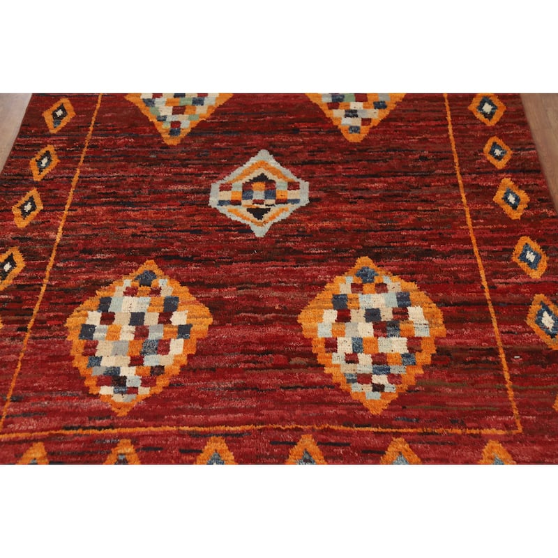 Geometric Moroccan Oriental Rug Handmade Red Wool Carpet - 6'9" x 9'11"