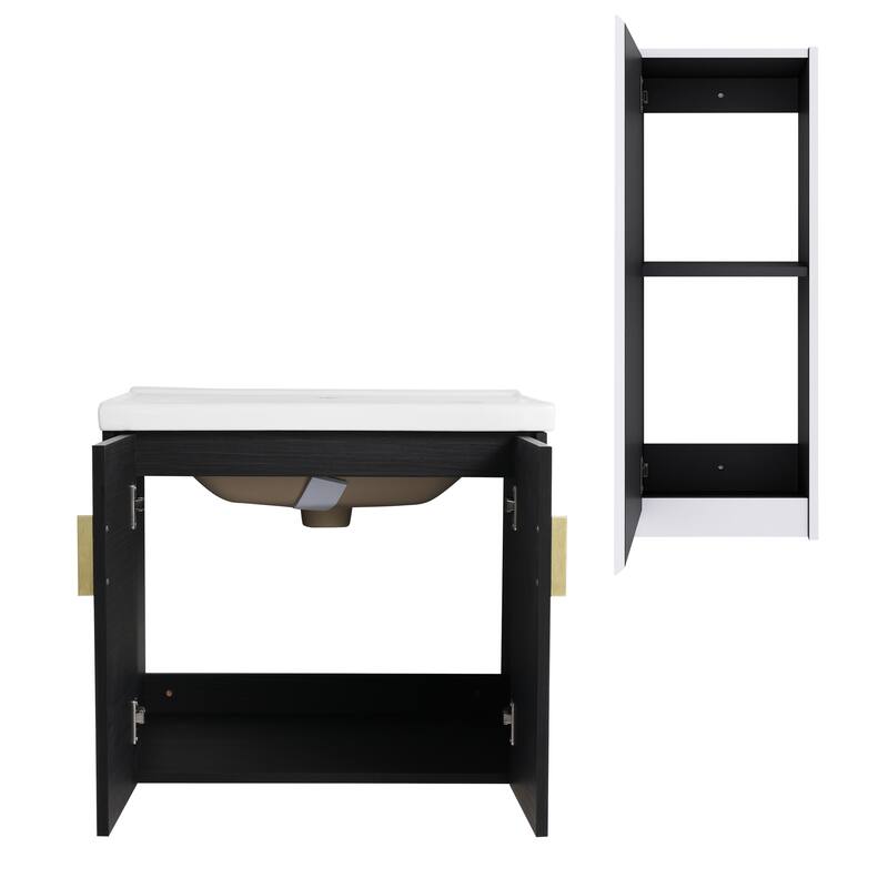 24" Wall-Mounted Bathroom Vanity With Ceramic Sink and Side Cabinet, Soft Close Doors, Combination Cabinet
