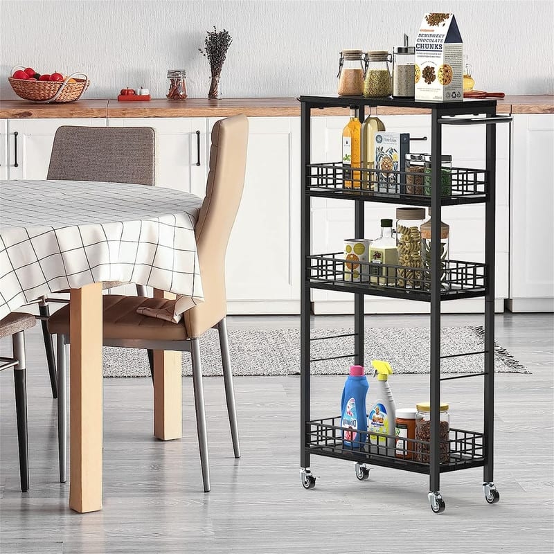 Storage Cart Rolling Kitchen Cart with Wheels Narrow Laundry Storage Utility Cart - 7.08"D x 16.53"W x 34.56"H - Black
