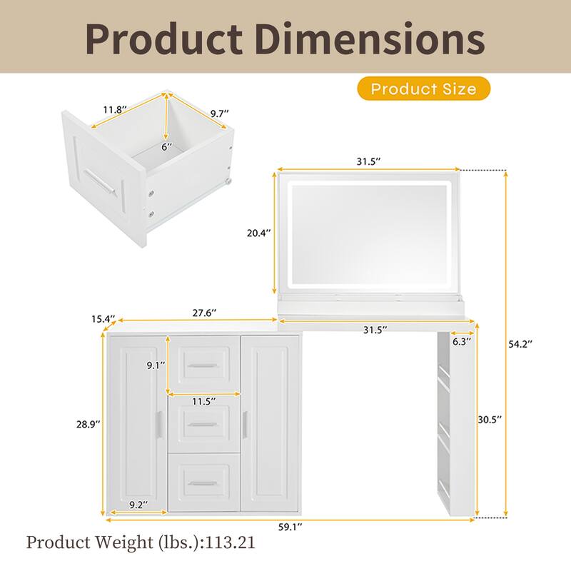 Modern Dressing Table w/ LED Mirror, Adjustable Brightness, 3 Drawers
