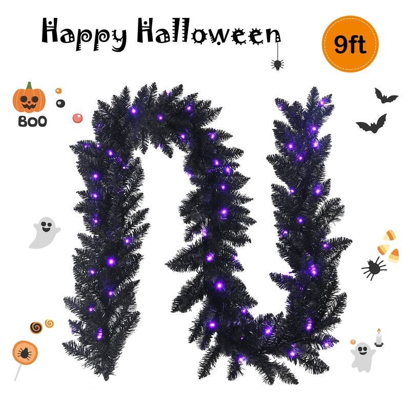 Costway 9ft Pre-lit Christmas Halloween Garland Black w/ 50 Purple LED - See details