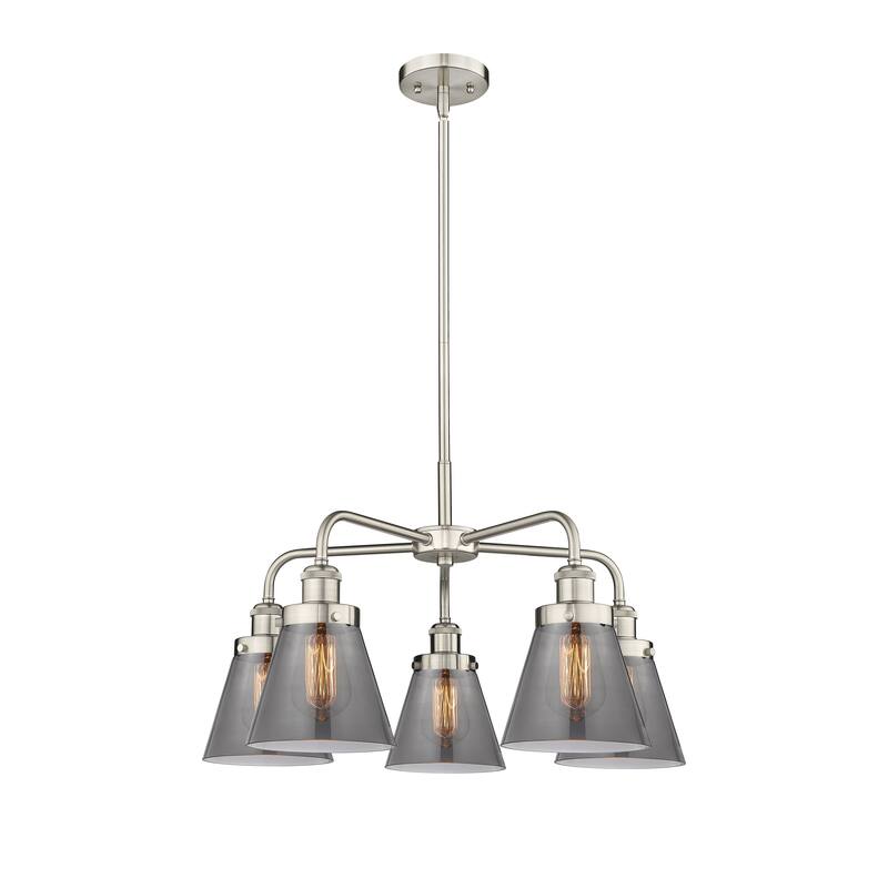Innovations Lighting Cone - 5 Light 24" Stem Hung Chandelier - Satin Nickel/Light Smoke