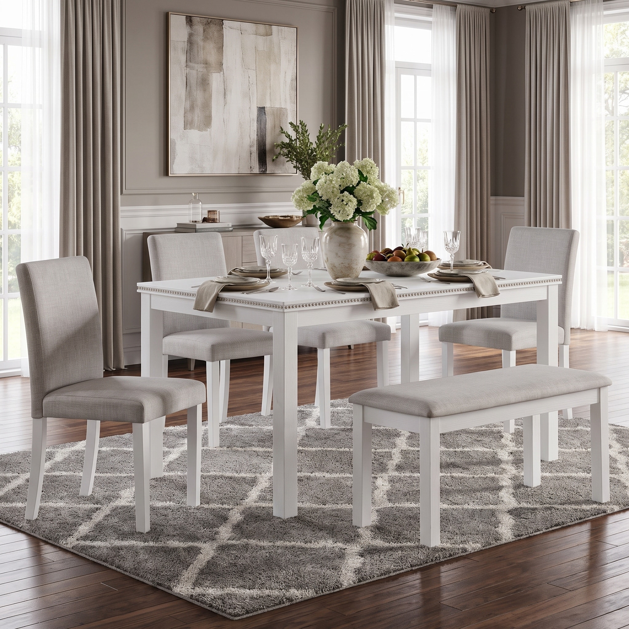 GDFStudio - Elmsley 6-Piece Classic Wooden Dining Set with Rectangle Table, 4 Upholstered Chairs and 1 Bench