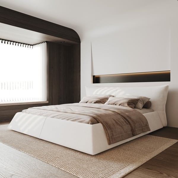 slide 2 of 49, King Size Bed Frame w/ Special Shaped Headboard,Velvet Upholstered Platform Bed Floor Bed Low Profile Bed, Mattress Foundation Cream