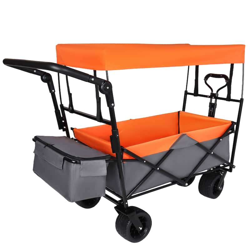 With Push Handle, 480Lbs Collapsible Wagon with Canopy, Wagon cart with 7" All-Terrain Wheels, Lightweight Foldable Wagon