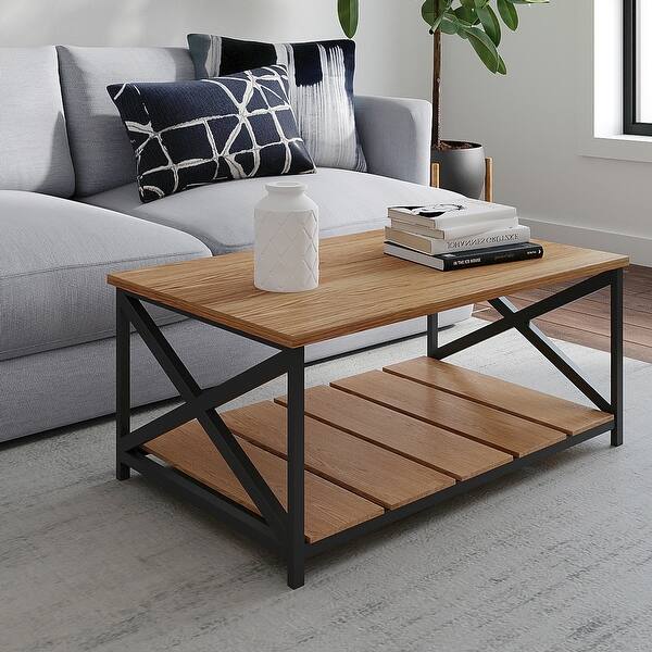 Sullivan Rustic Industrial Coffee Table with Slatted Shelf Bed Bath