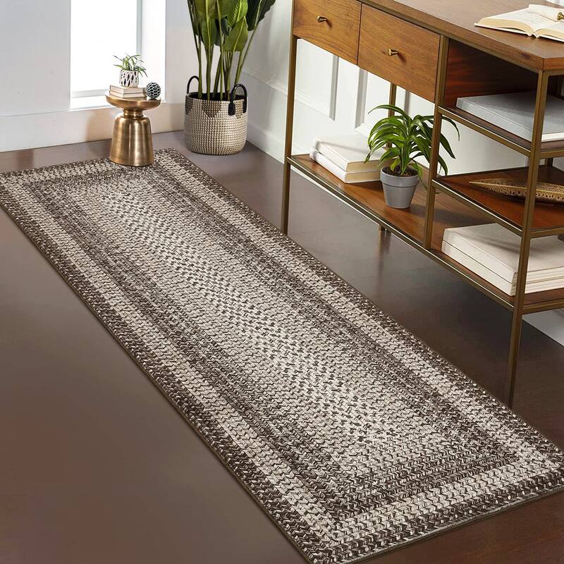 Washable Living Room Rugs Modern Braided Print Area Rug Border Design Accent Rugs for Bedroom Non-Slip Low Pile Area Rug