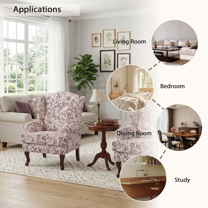 2 Set Traditional Rolled Arm Wing Back Accent Chair