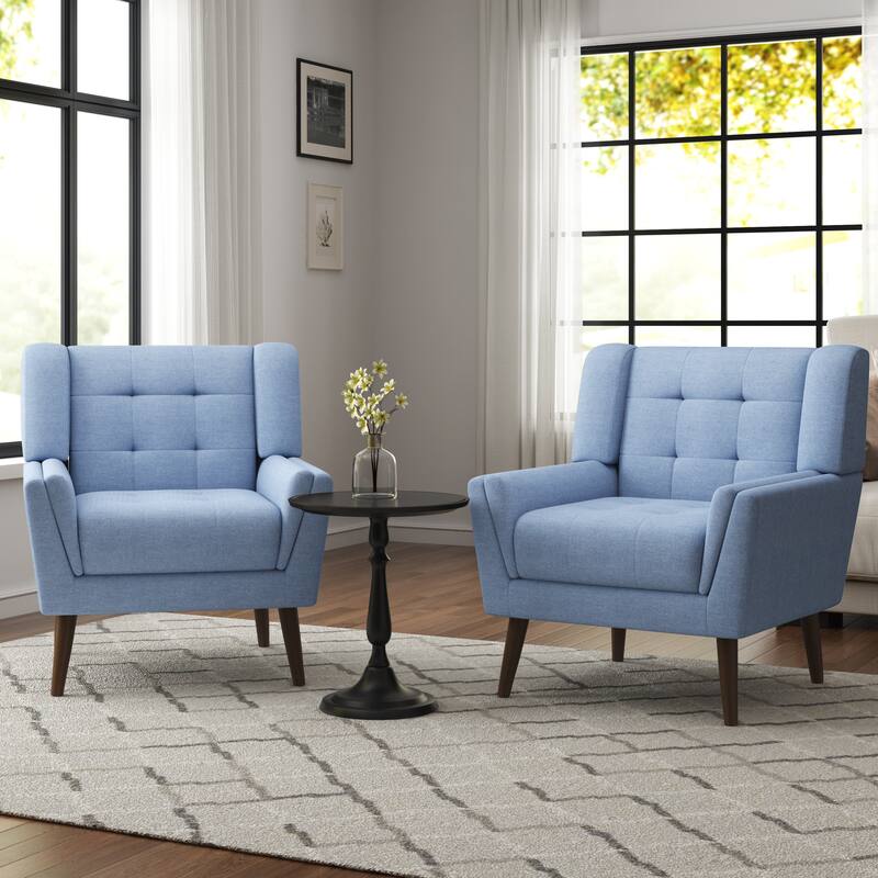 2 Set Mid Century Modern Linen Accent Armchair with Wooden Legs