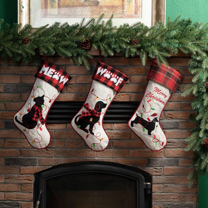 Glitzhome 21"L Dachshund Fabric Plaid Merry Christmas Stocking